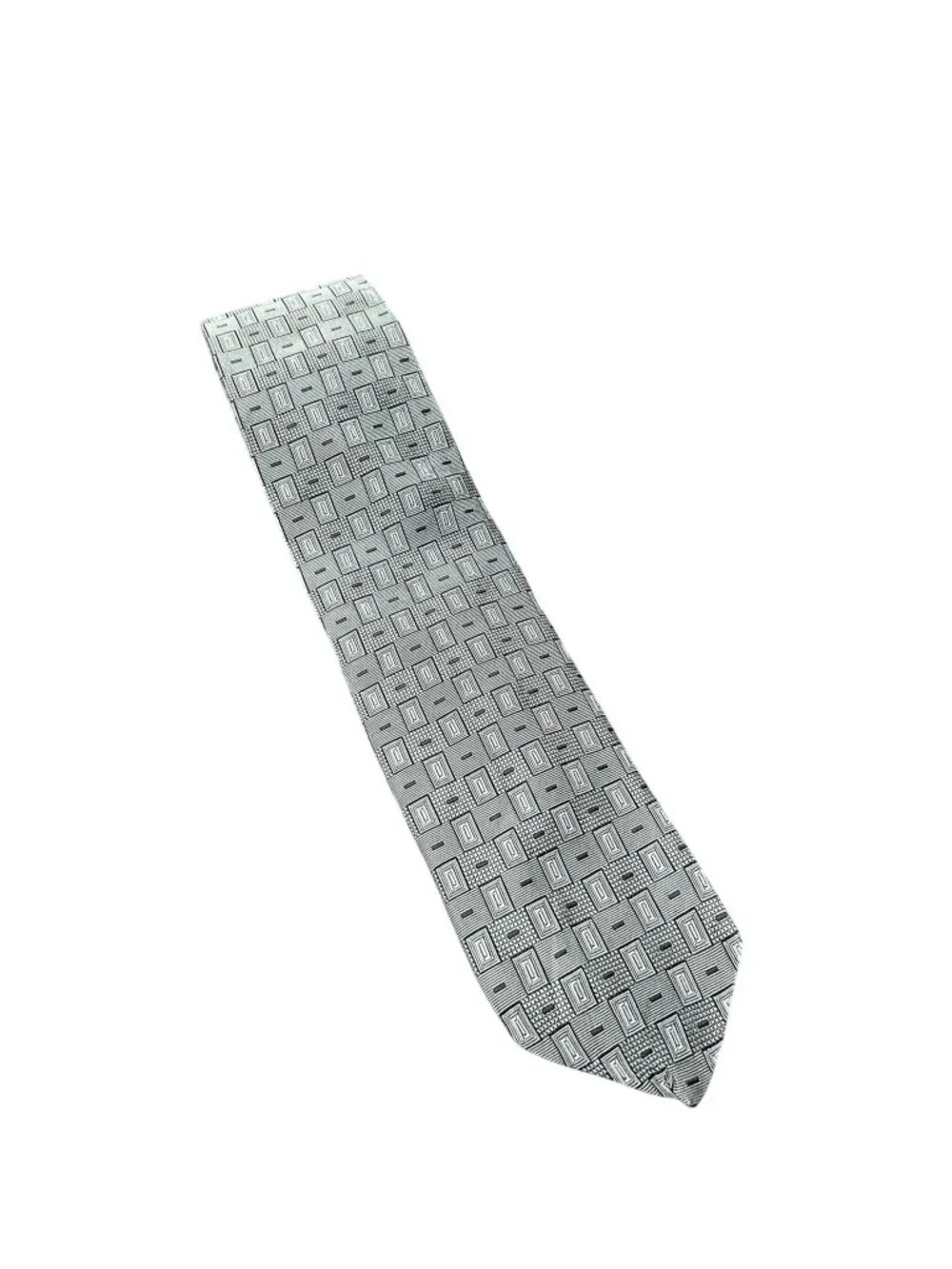 Stefano Conti Mens Black Silver Geometric 100% Italian Silk Tie Vintage Retro